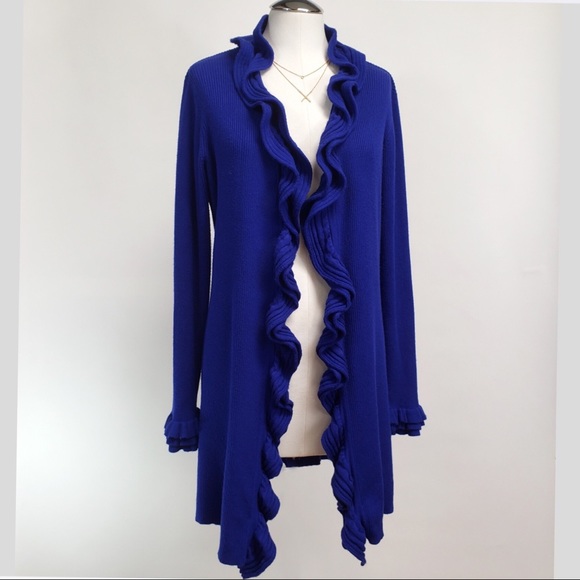 AVA Sweaters - Cardigan Drape Front Ruffled Cobalt Blue